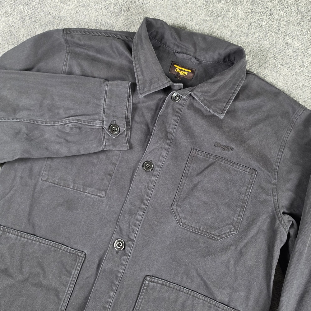 Seager Chore Coat Men Large Black Cotton Twill Workwear Jacket Utility Pocket